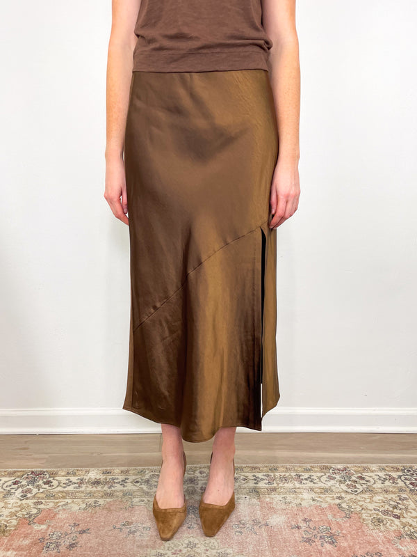 Satin Slit Front Skirt in Chocolate