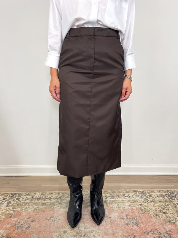 Eco Nylon Midi Trouser Skirt in Brown