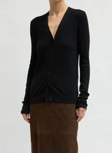 Feather Weight Ribbed V-Neck Slim Cardigan in Black - The Shoe Hive