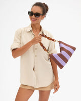 Flat Clutch w/ Tabs in Jacaranda/Hazelnut Canvas Stripe - The Shoe Hive