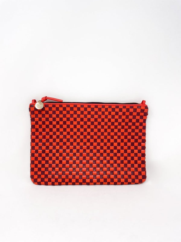 Flat Clutch w/Tabs in Bright Poppy & Bordeaux Woven Checker - The Shoe Hive