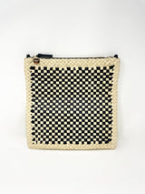 Foldover Clutch w/Tabs in Black & Cream Border Woven Checker - The Shoe Hive