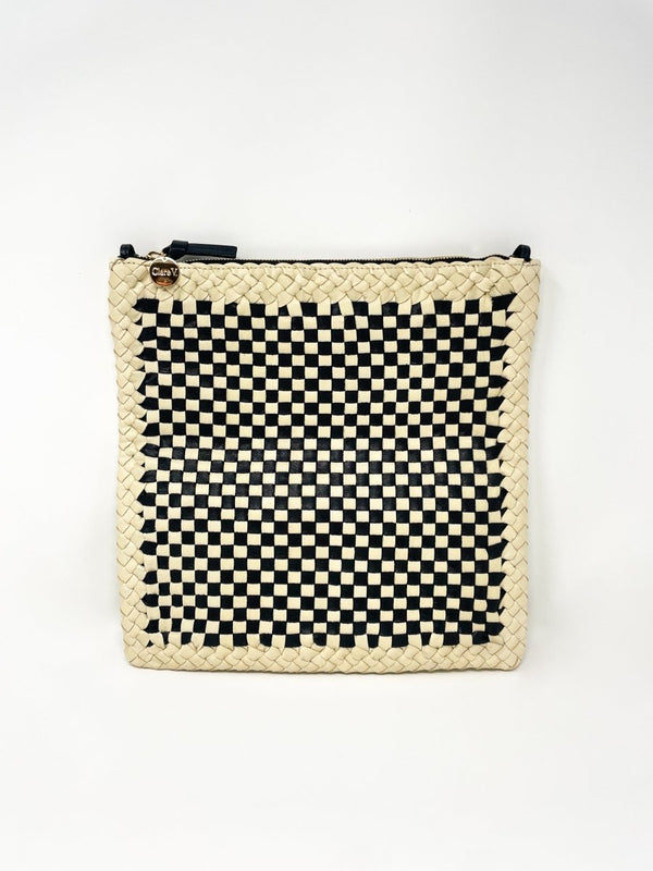 Foldover Clutch w/Tabs in Black & Cream Border Woven Checker - The Shoe Hive