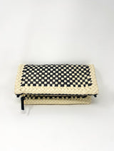 Foldover Clutch w/Tabs in Black & Cream Border Woven Checker - The Shoe Hive