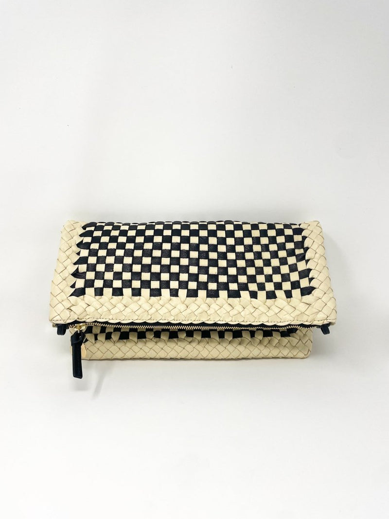 Foldover Clutch w/Tabs in Black & Cream Border Woven Checker - The Shoe Hive