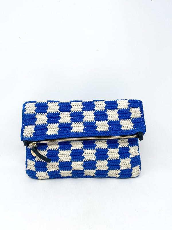 Foldover Clutch w/Tabs in Cobalt and Cream Crochet Checker - The Shoe Hive