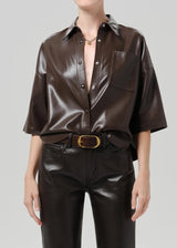 Frances Cropped Cape Button Up in Chocolate Recycled Leather - The Shoe Hive