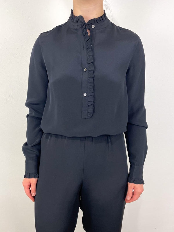 Frill Blouse in Black Silk Crepe - The Shoe Hive