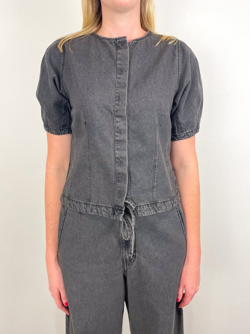 Full Sleeve Seamed Top in Grey Denim - The Shoe Hive
