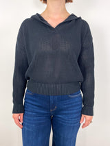 Hooded Split Neck Sweater in Black - The Shoe Hive