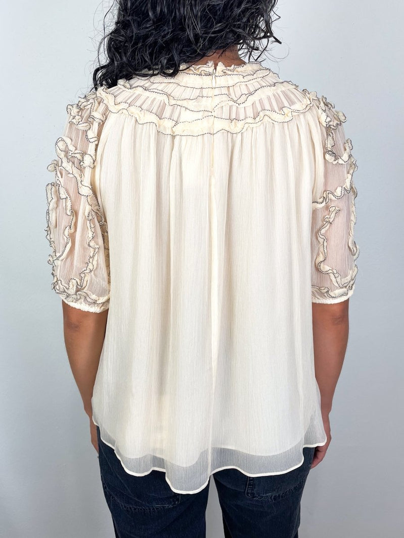 Isolda Silk Smocked Short Sleeve Blouse in Chantilly - The Shoe Hive