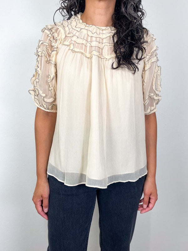 Isolda Silk Smocked Short Sleeve Blouse in Chantilly - The Shoe Hive