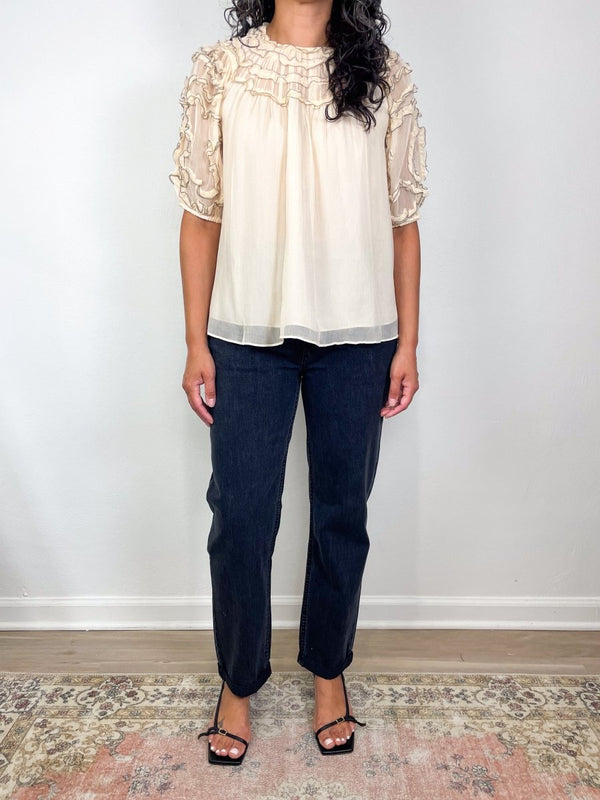 Isolda Silk Smocked Short Sleeve Blouse in Chantilly - The Shoe Hive