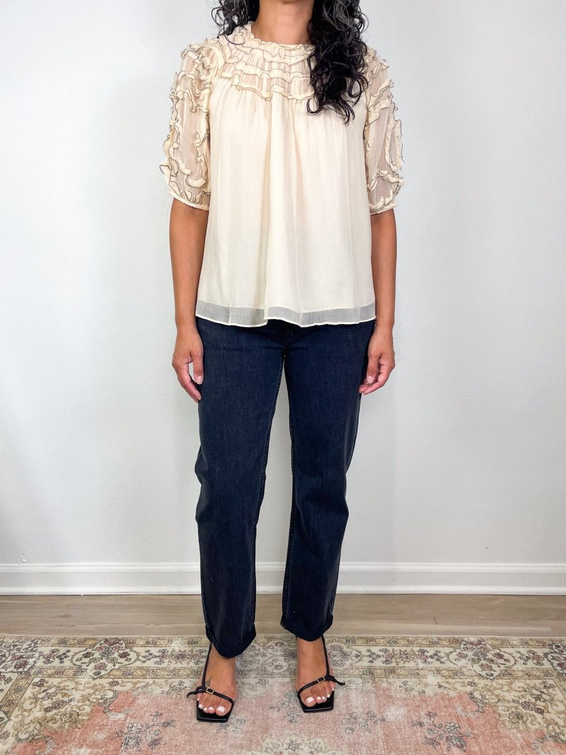 Isolda Silk Smocked Short Sleeve Blouse in Chantilly - The Shoe Hive