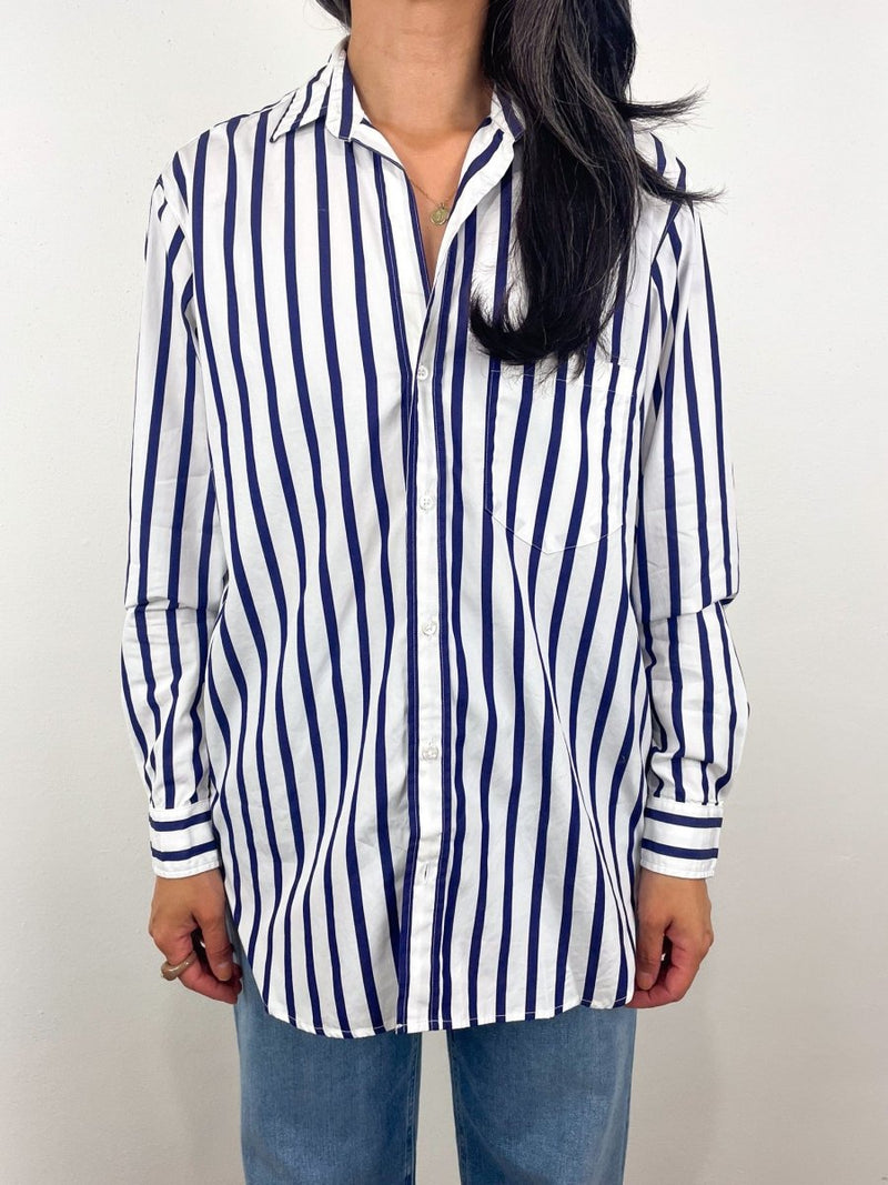 Joedy Boyfriend Button - Up Shirt in Wide Navy Stripe - The Shoe Hive