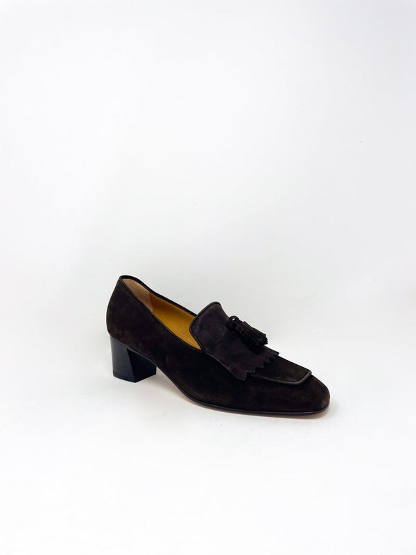 Kilt Heel in Chocolate Suede - The Shoe Hive