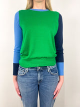 Kit Crewneck Sweater in French Blue/Green/Navy Colorblock Cashmere Sweater - The Shoe Hive