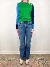 Kit Crewneck Sweater in French Blue/Green/Navy Colorblock Cashmere Sweater - The Shoe Hive