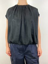 Light Weight Acetate Shirred Neck Circular Top in Black - The Shoe Hive