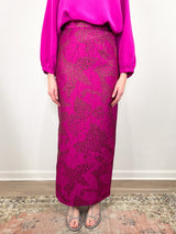 Long Pencil Skirt in Magenta/Bronze Floral Matelasse - The Shoe Hive