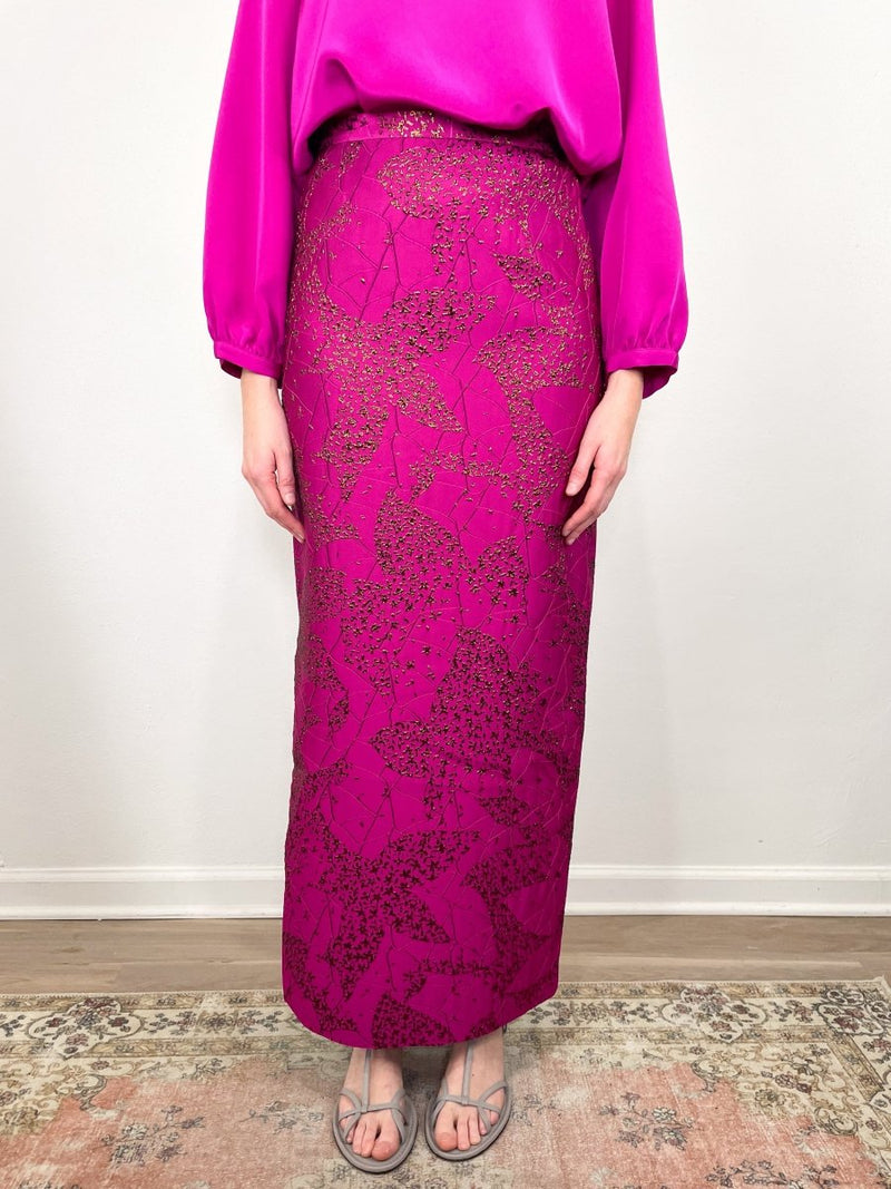 Long Pencil Skirt in Magenta/Bronze Floral Matelasse - The Shoe Hive