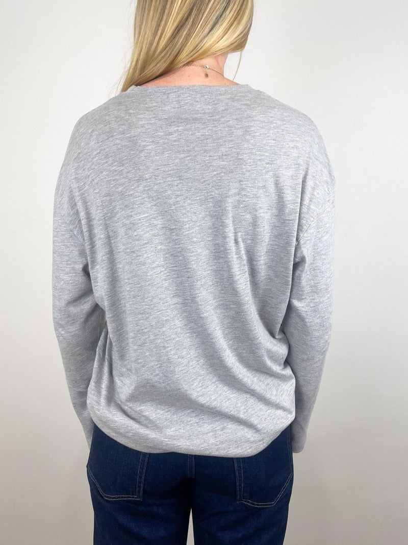 Long Sleeve High V Sweater in Light Heather Grey - The Shoe Hive