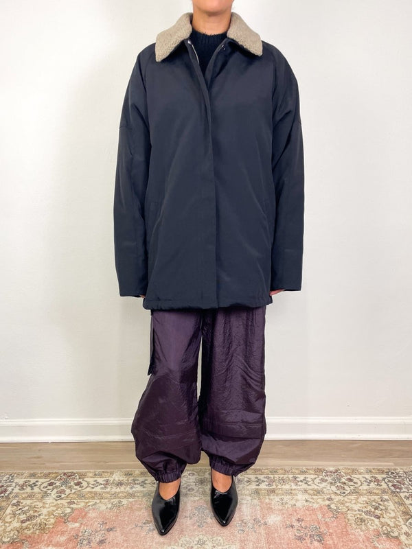 Lotte Nylon Carcoat w/Removable Sherpa Collar in Black - The Shoe Hive