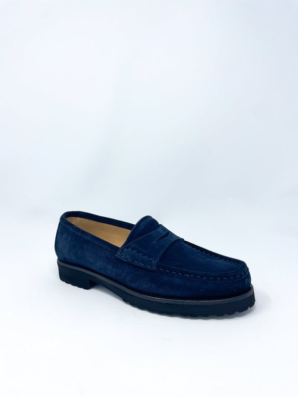 Lug Sole Penny Loafer in Navy Suede - The Shoe Hive