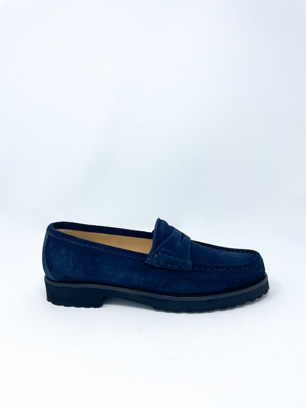 Lug Sole Penny Loafer in Navy Suede - The Shoe Hive