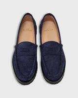 Lug Sole Penny Loafer in Navy Suede - The Shoe Hive