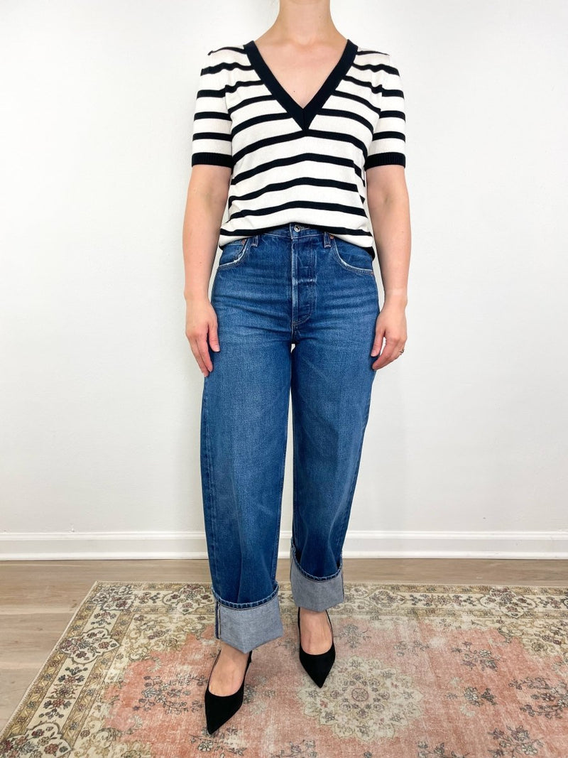 Luxe Emerson Knit Top in Mariner Stripe Tencel + Cashmere - The Shoe Hive