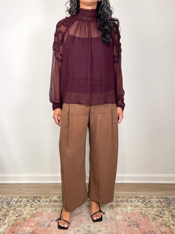 Magdalena Silk Smocked Long Sleeve Blouse in Mahogany - The Shoe Hive