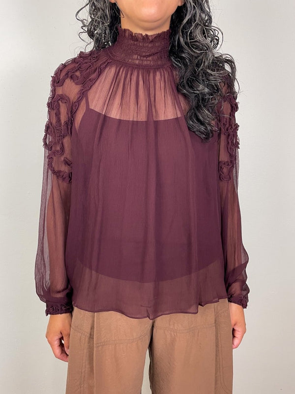 Magdalena Silk Smocked Long Sleeve Blouse in Mahogany - The Shoe Hive