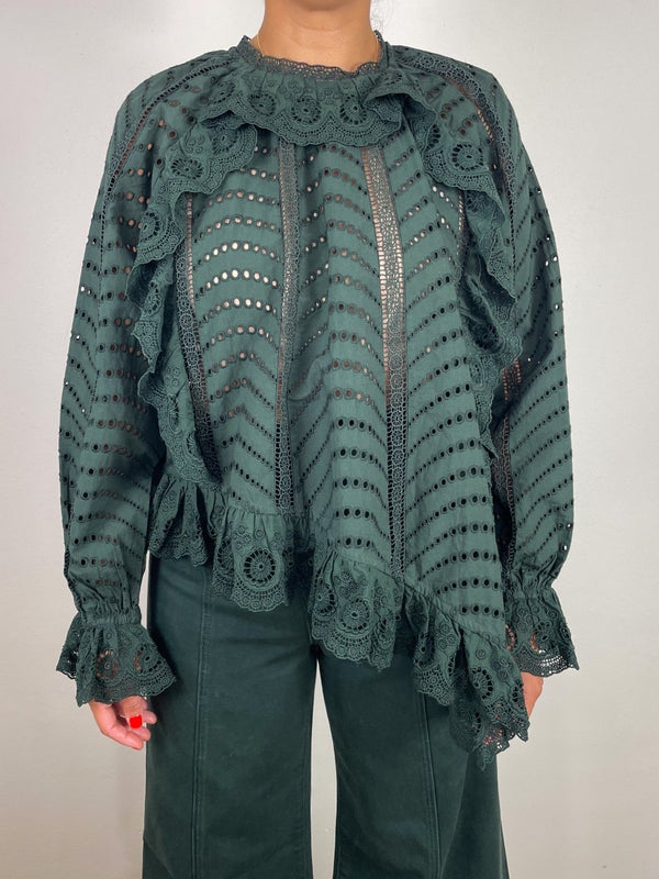 Marcella Asymmetrical Long Sleeve Blouse in Cypress - The Shoe Hive