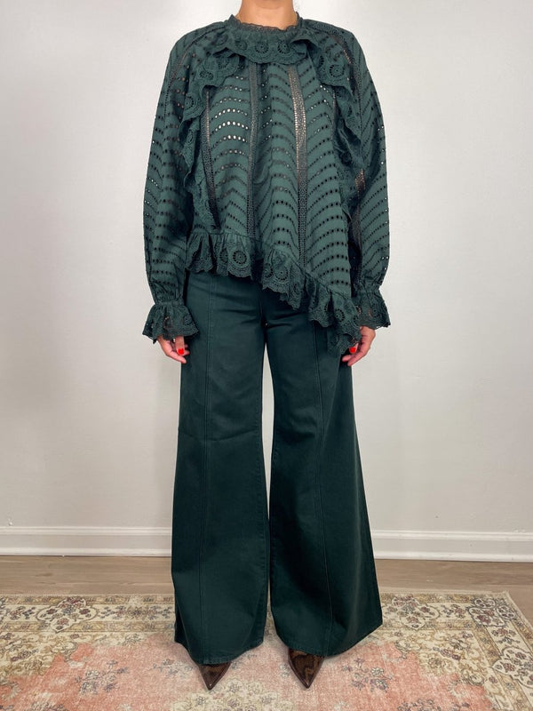 Marcella Asymmetrical Long Sleeve Blouse in Cypress - The Shoe Hive