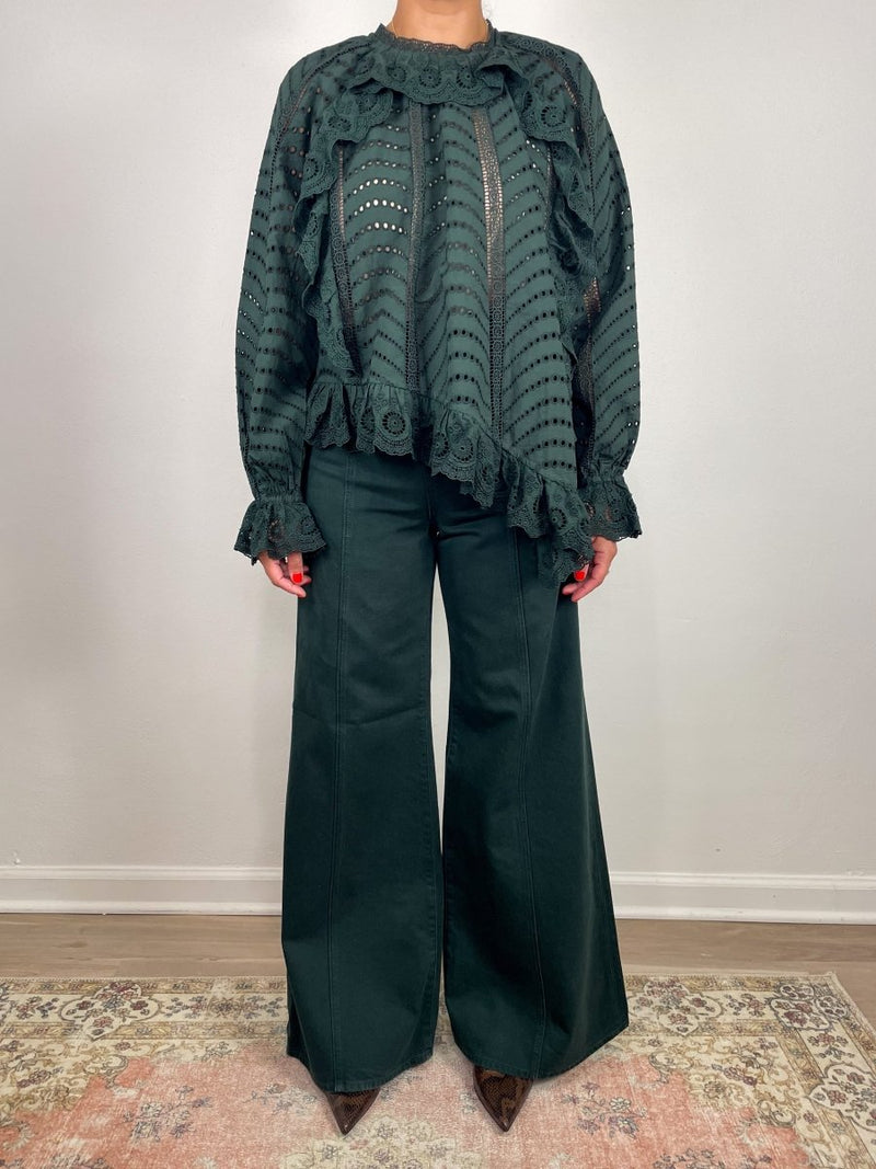 Marcella Asymmetrical Long Sleeve Blouse in Cypress - The Shoe Hive