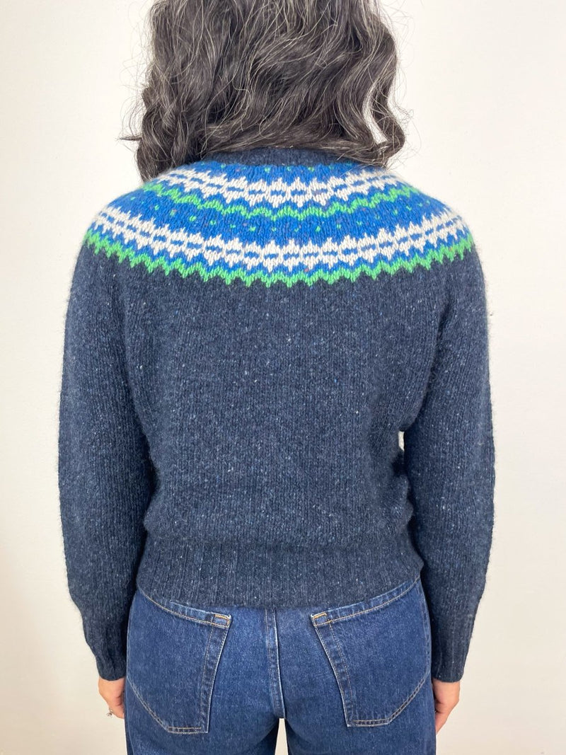 Marge Fair Isle Cardigan in Indigo Donegal Multi Hand Knit Cashmere - The Shoe Hive