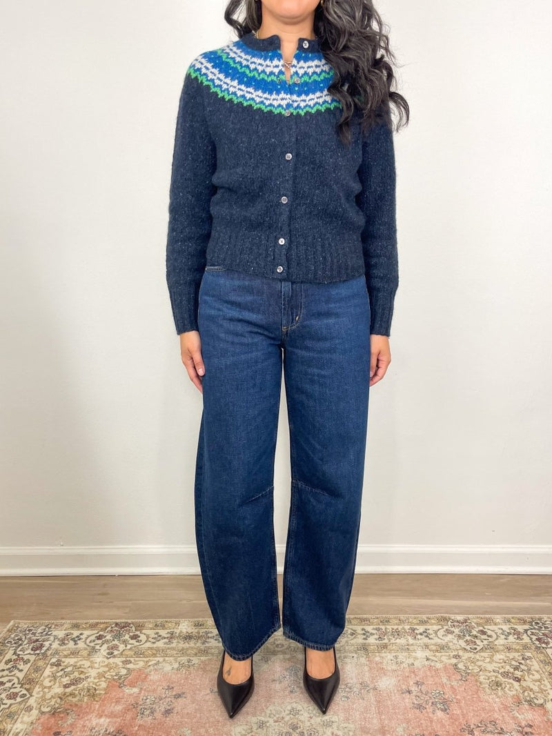 Marge Fair Isle Cardigan in Indigo Donegal Multi Hand Knit Cashmere - The Shoe Hive