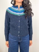 Marge Fair Isle Cardigan in Indigo Donegal Multi Hand Knit Cashmere - The Shoe Hive