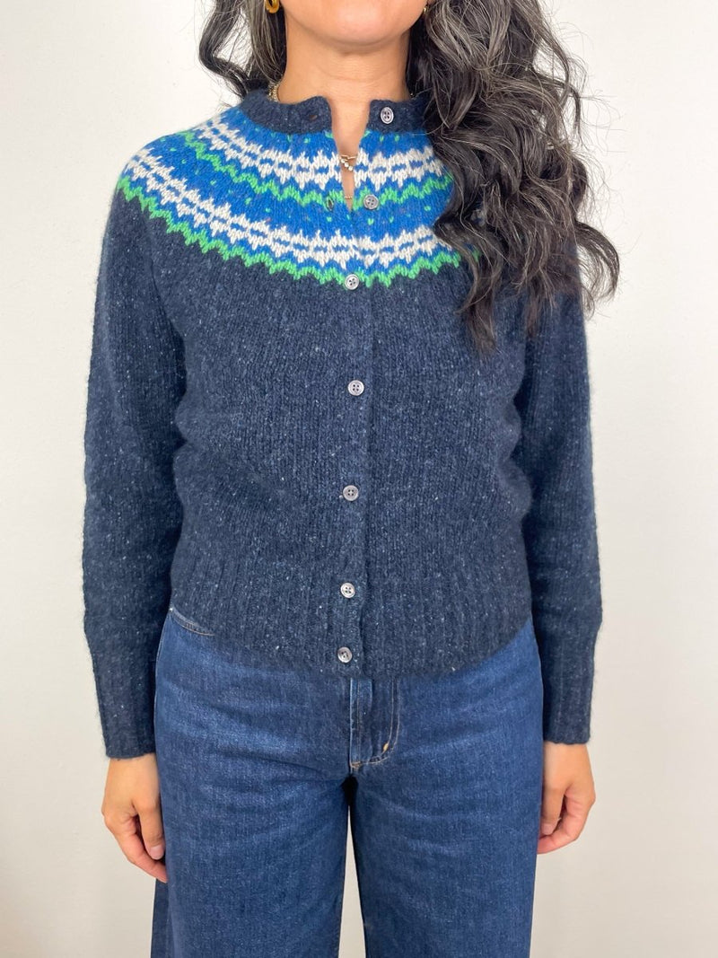 Marge Fair Isle Cardigan in Indigo Donegal Multi Hand Knit Cashmere - The Shoe Hive