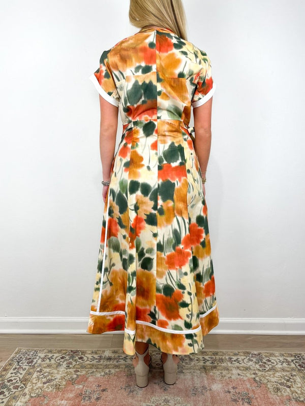 Marigold SS Dress w/Asymmetrical Panel Skirt in Marigold Multi - The Shoe Hive