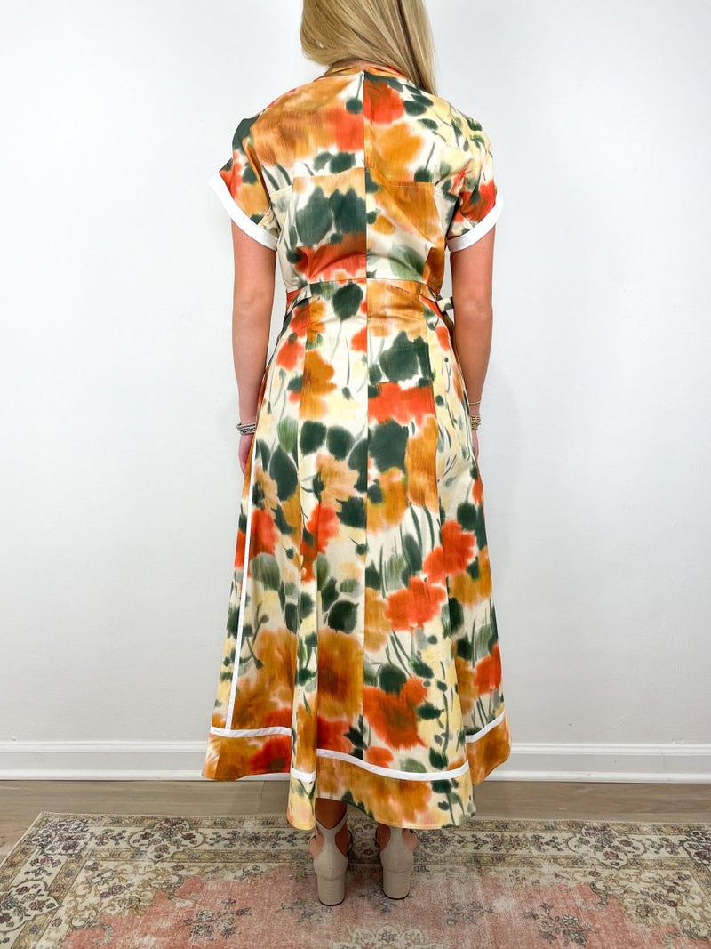 Marigold SS Dress w/Asymmetrical Panel Skirt in Marigold Multi - The Shoe Hive