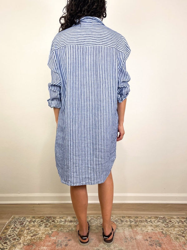 Mary Classic Shirtdress in Blue/Navy Textured Stripe - The Shoe Hive