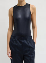 Metallic Knit Crewneck Racerback Bodysuit in Navy - The Shoe Hive