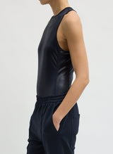 Metallic Knit Crewneck Racerback Bodysuit in Navy - The Shoe Hive