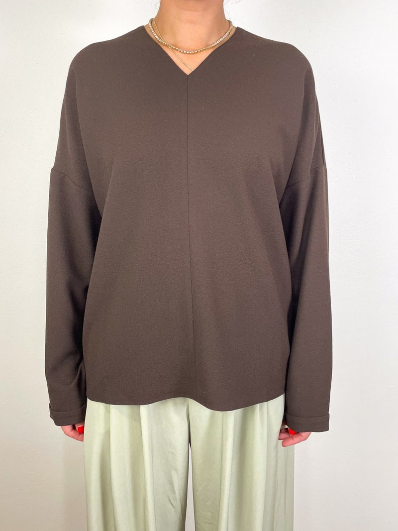 Mica Crepe V Neck Top in Brown - The Shoe Hive