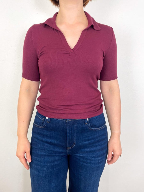 Modal Rib Split Neck Top in Merlot - The Shoe Hive