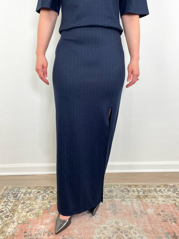 Newton Stripe Maxi Pencil Skirt in Navy Melange - The Shoe Hive