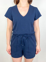 Pleated Cap Sleeve V-Neck in Navy - The Shoe Hive