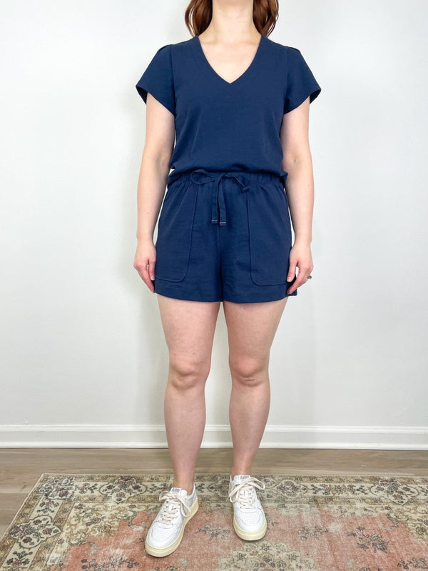 Pleated Cap Sleeve V-Neck in Navy - The Shoe Hive